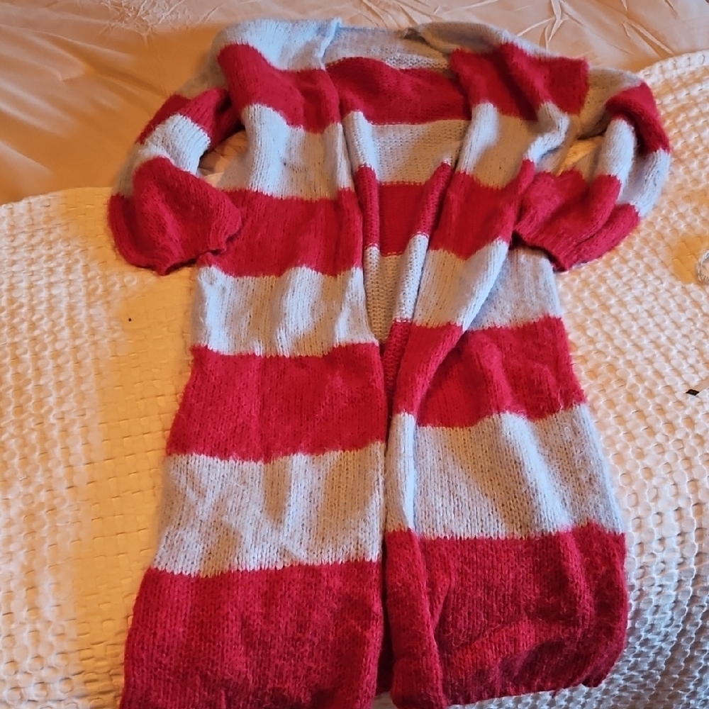 Red and Gray Striped Long Cozy Cardigan Large